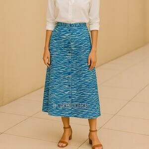 Whistles Blue Wave Print Button Front Midi Skirt Seafoam A-Line Summer Size 4